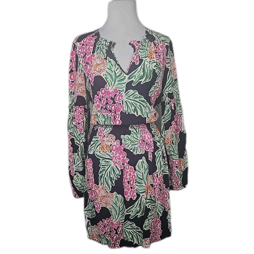 Crown & Ivy Blue Tropical Print Rayon Long Sleeve Mini Dress Size Medium M